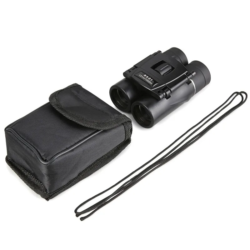 Pocket binoculars with their soft case and neck strap