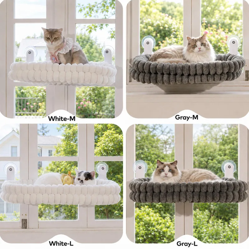 Cloud Cat Window Perch fixed to a window with a cat curled inside