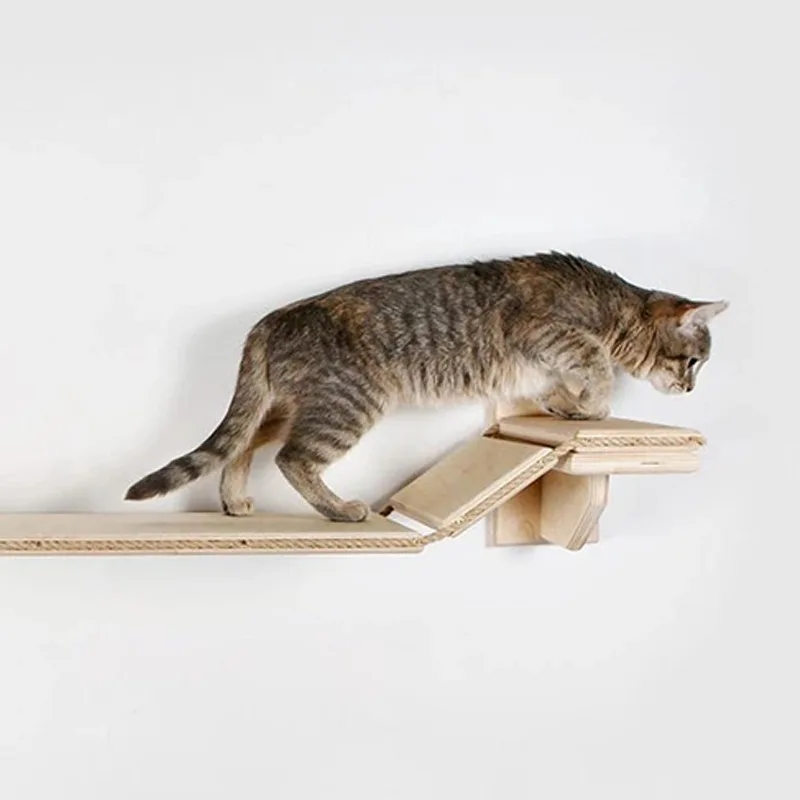 Tabby cat stepping onto a wall-mounted wooden cat bridge