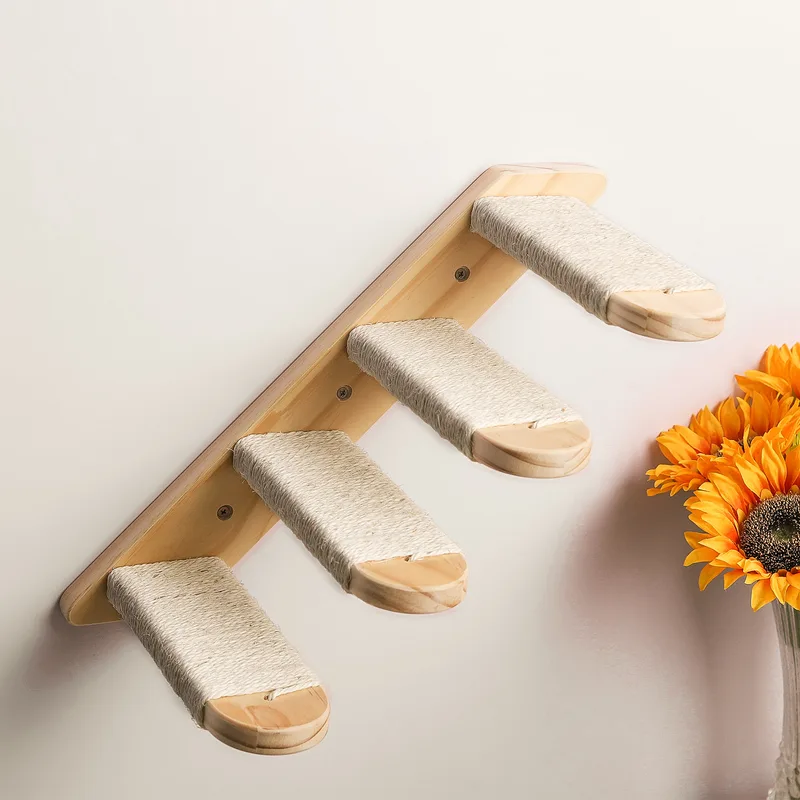 Wooden cat wall steps with four sisal-wrapped treads