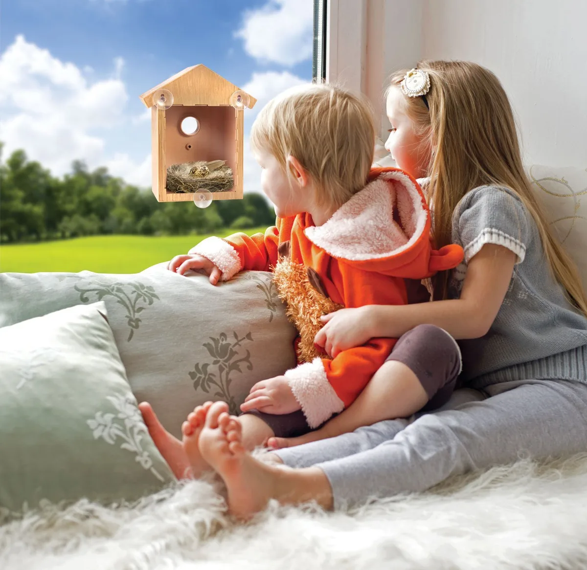 Two children on a window seat looking at a nest box fixed to the glass