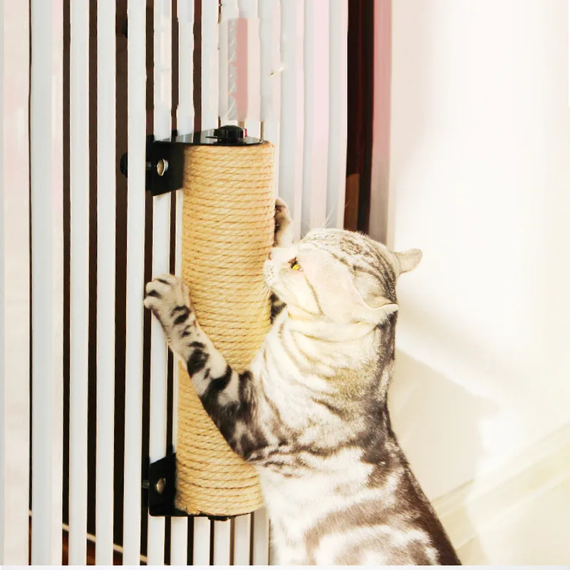 Cat scratching a sisal post fixed to a balcony railing