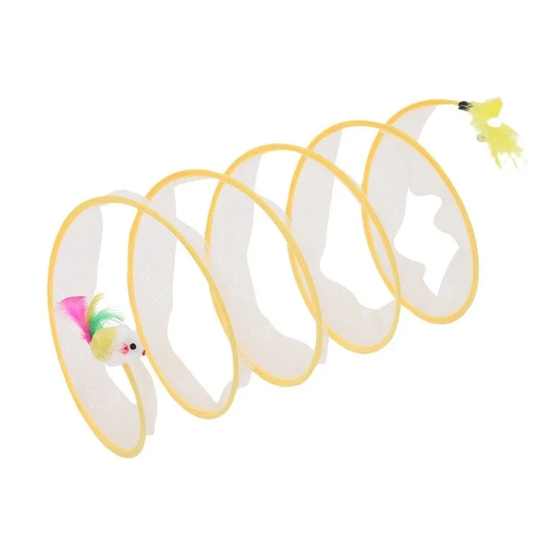 Yellow spiral cat tunnel with a hanging toy