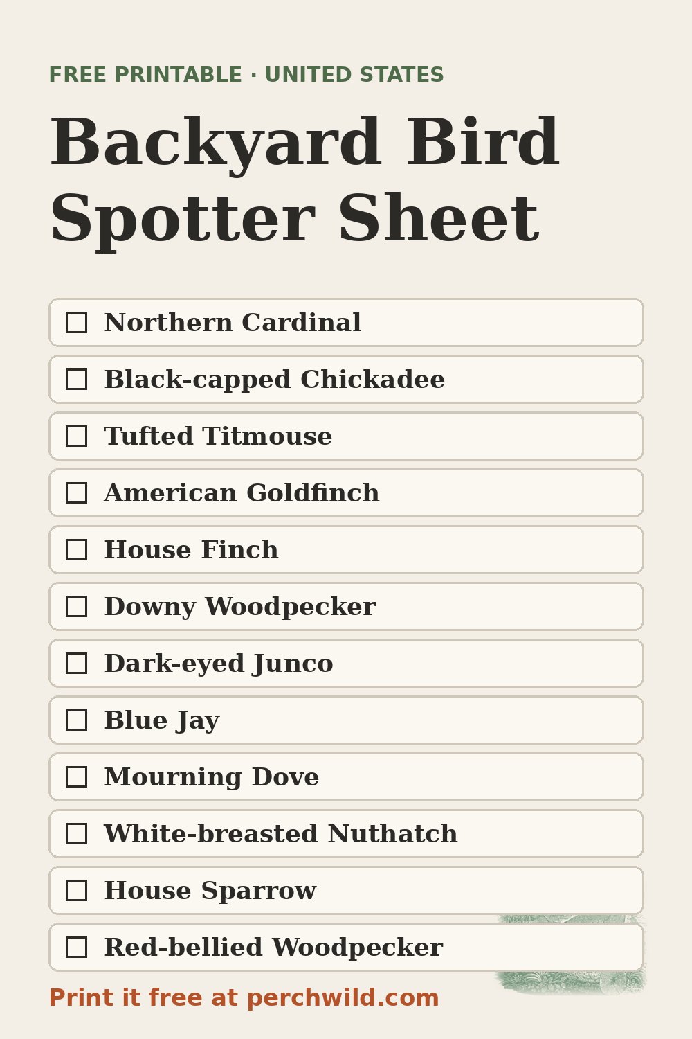 Backyard Bird Spotter Sheet, US edition: twelve feeder birds to tick off, from Northern Cardinal to Red-bellied Woodpecker
